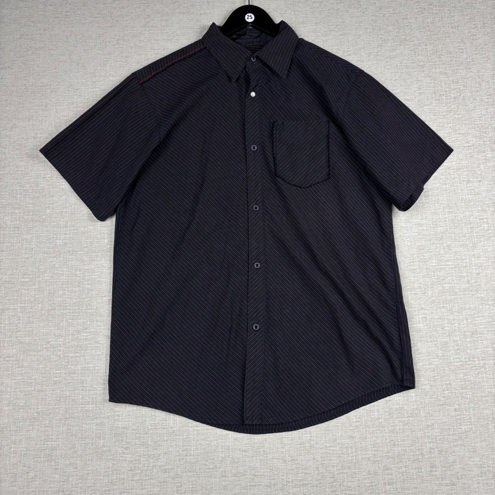 Split Mens Short Sleeve Button Down Shirt Black Red Pinstripe Large Skater Y2K